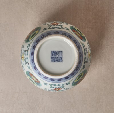 Lot 63 - A rare Chinese doucai 'chrysanthemum' jar, Qing dynasty, Qianlong mark and of the period