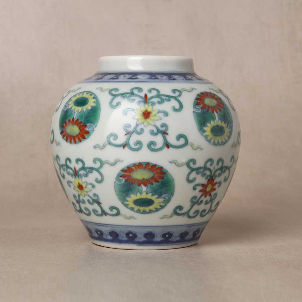 Lot 63 - A rare Chinese doucai 'chrysanthemum' jar, Qing dynasty, Qianlong mark and of the period