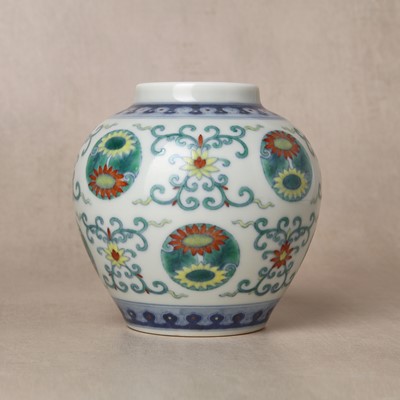 Lot 63 - A rare Chinese doucai 'chrysanthemum' jar, Qing dynasty, Qianlong mark and of the period