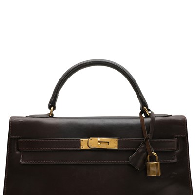 Lot 100 - Hermes Brown Box Kelly Sellier 32