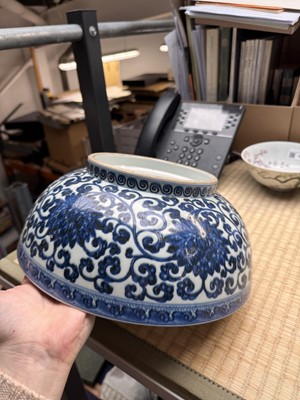 Lot 61 - A Chinese Ming-style blue and white 'dice' bowl, Yongzheng mark and possibly of the period