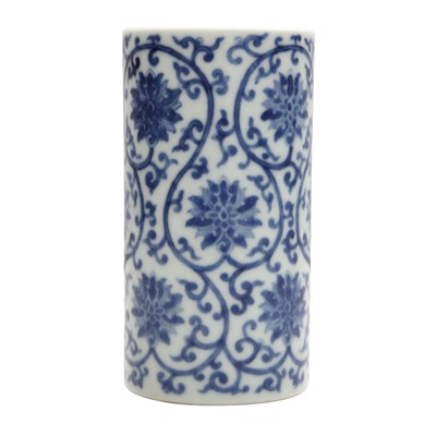 Lot 85 - A Chinese blue and white 'lotus scroll' brush pot, 20th century, Daoguang mark