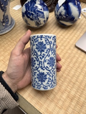 Lot 85 - A Chinese blue and white 'lotus scroll' brush pot, 20th century, Daoguang mark