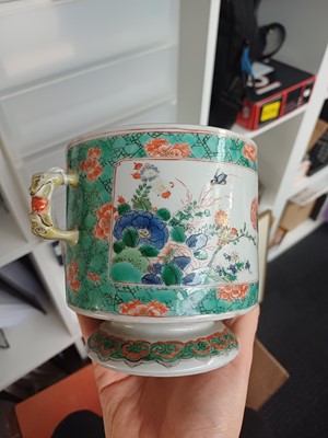 Lot 27 - A Chinese famille-verte double-handled 'floral' pot and cover, Qing dynasty, Kangxi period
