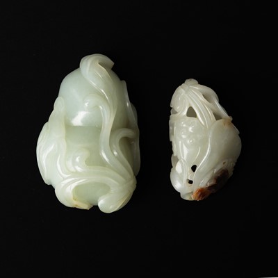 Lot 130 - Two Chinese celadon jade 'lotus' carvings, late Qing dynasty
