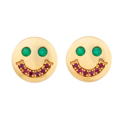 Lot 173 - A pair of ruby and emerald smiley stud earrings
