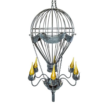 Lot 454 - A wrought iron hot hair balloon shaped chandelier