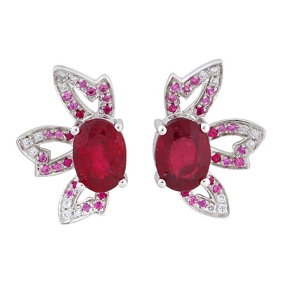 Lot 179 - A pair of ruby, pink sapphire and diamond earrings