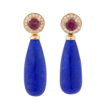 Lot 59 - A pair of lapis, ruby and diamond earrings