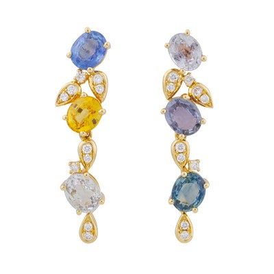 Lot 56 - A pair of coloured sapphire and diamond earrings