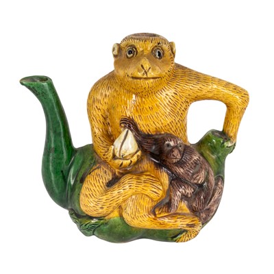 Lot 47 - A Chinese biscuit sancai-glazed 'monkey' ewer, Qing dynasty, Kangxi period