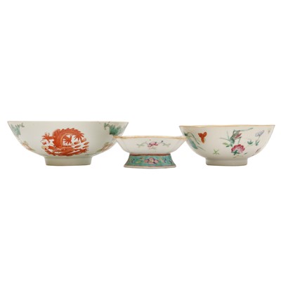 Lot 502 - Two Chinese famille-rose bowls and a stem bowl, Qing dynasty, Tongzhi marks and of the period