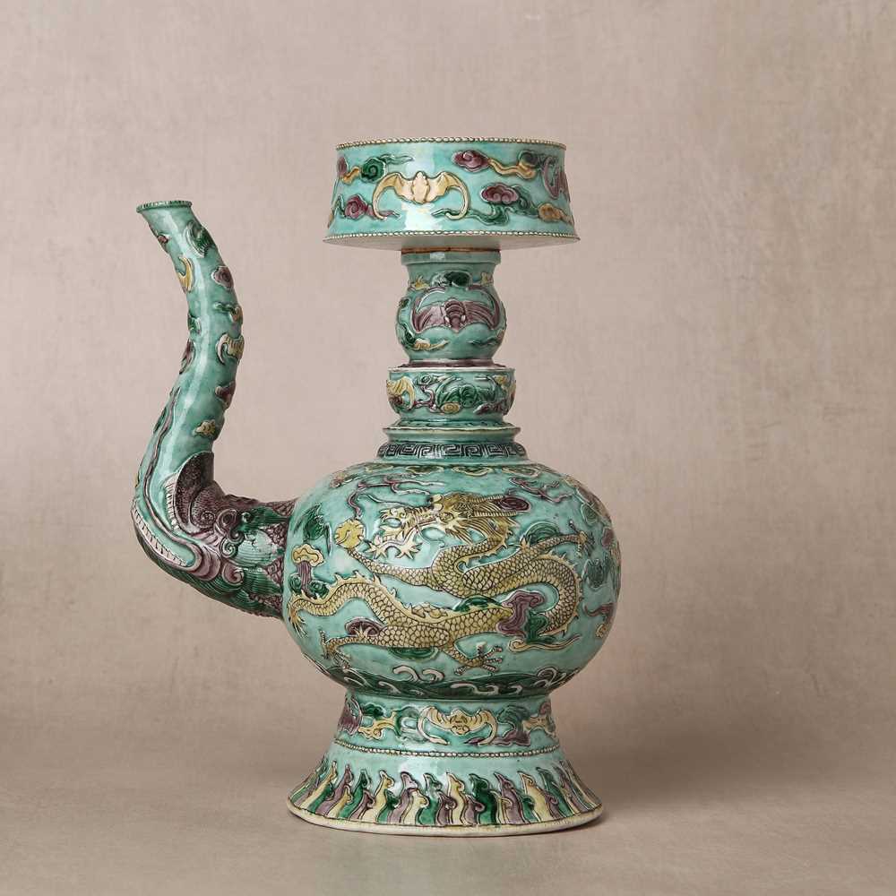 Lot 58 - A Chinese famille-verte 'dragon' Tibetan-style ewer, penba hu, 18th/19th century