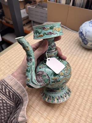 Lot 58 - A Chinese famille-verte 'dragon' Tibetan-style ewer, penba hu, 18th/19th century