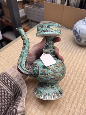 Lot 58 - A Chinese famille-verte 'dragon' Tibetan-style ewer, penba hu, 18th/19th century