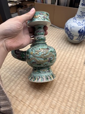 Lot 58 - A Chinese famille-verte 'dragon' Tibetan-style ewer, penba hu, 18th/19th century