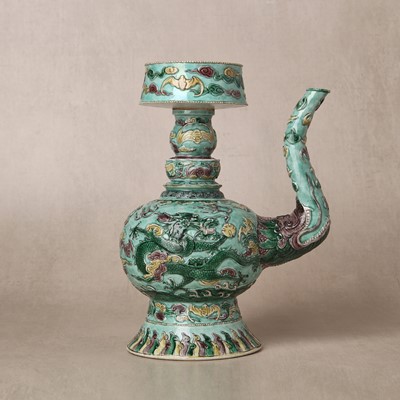 Lot 58 - A Chinese famille-verte 'dragon' Tibetan-style ewer, penba hu, 18th/19th century