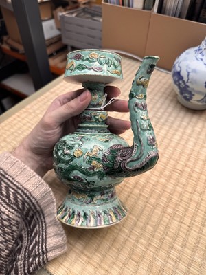 Lot 58 - A Chinese famille-verte 'dragon' Tibetan-style ewer, penba hu, 18th/19th century
