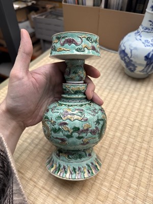 Lot 58 - A Chinese famille-verte 'dragon' Tibetan-style ewer, penba hu, 18th/19th century