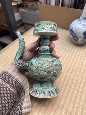 Lot 58 - A Chinese famille-verte 'dragon' Tibetan-style ewer, penba hu, 18th/19th century