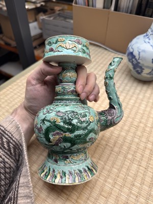 Lot 58 - A Chinese famille-verte 'dragon' Tibetan-style ewer, penba hu, 18th/19th century