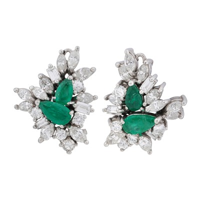 Lot 120 - A pair of emerald and diamond cluster earrings