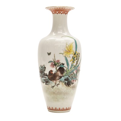 Lot 356 - A Chinese famille-rose 'cockerel and blossoms' vase, mid-20th century
