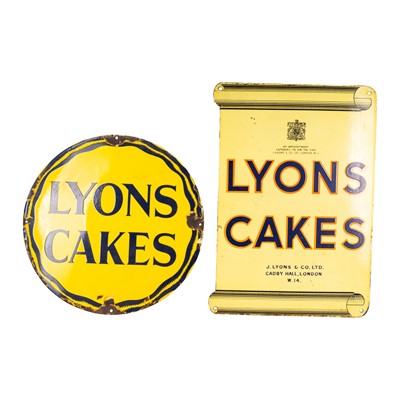 Lot 161 - A 20th Century double sided Lyons Cakes enamel sign circa 1940