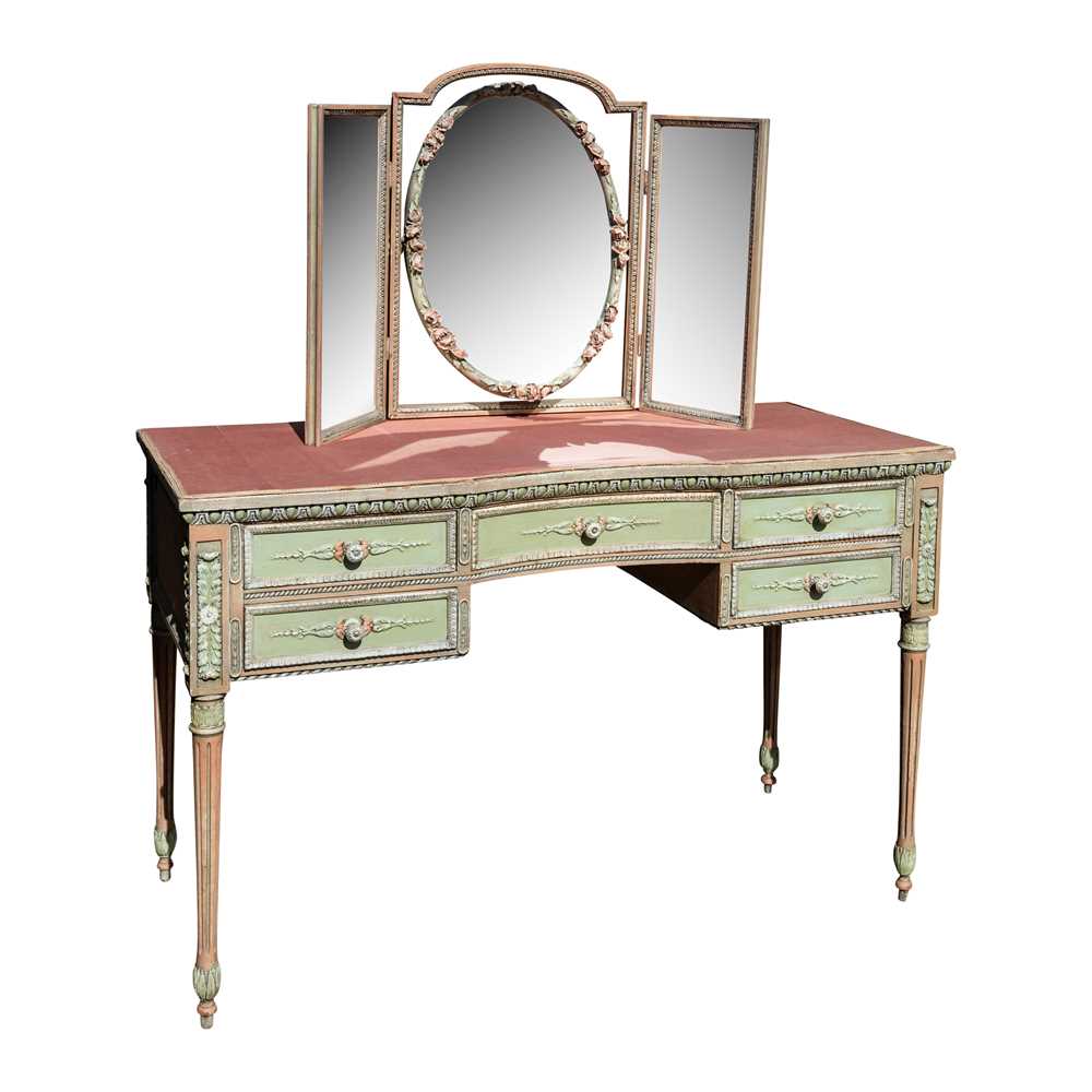 Lot 41 - A French Louis XVI style painted kneehole dressing table and triptych mirror