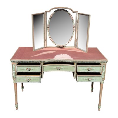 Lot 41 - A French Louis XVI style painted kneehole dressing table and triptych mirror