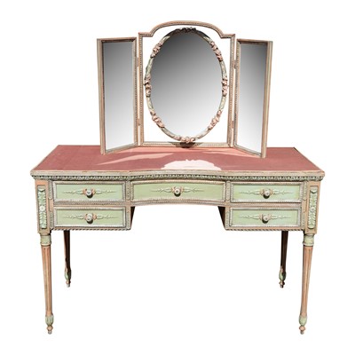 Lot 41 - A French Louis XVI style painted kneehole dressing table and triptych mirror