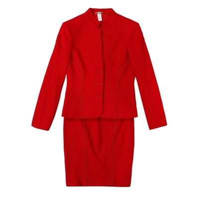 Lot 1 - Gianni Versace Red Wool Ribbed Skirt Suit - Size 40