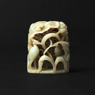 Lot 80 - A Chinese reticulated celadon jade 'egret' finial, Yuan/Ming dynasty