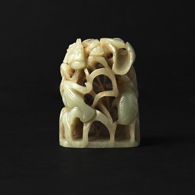 Lot 80 - A Chinese reticulated celadon jade 'egret' finial, Yuan/Ming dynasty