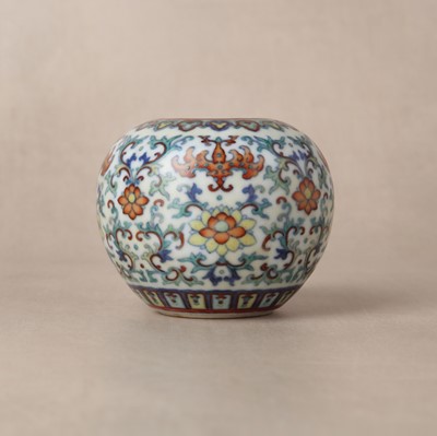 Lot 64 - ♦ A fine and rare Chinese doucai 'lotus' water pot, Qing dynasty, Qianlong mark and of the period