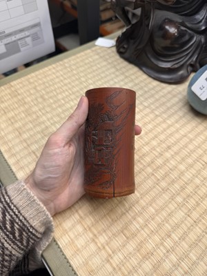 Lot 72 - A fine and rare Chinese bamboo brush pot, signed Mei Lin, Qing dynasty, 19th century