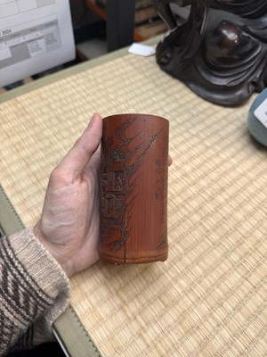 Lot 72 - A fine and rare Chinese bamboo brush pot, signed Mei Lin, Qing dynasty, 19th century