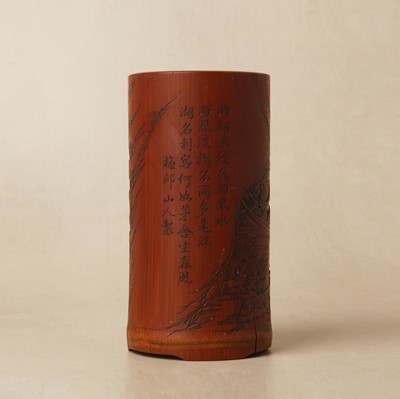Lot 72 - A fine and rare Chinese bamboo brush pot, signed Mei Lin, Qing dynasty, 19th century