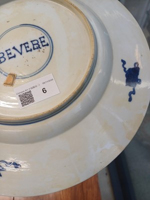Lot 6 - A rare Chinese blue and white 'figural' dish, Qing dynasty, Kangxi period, 'BEVERE' mark