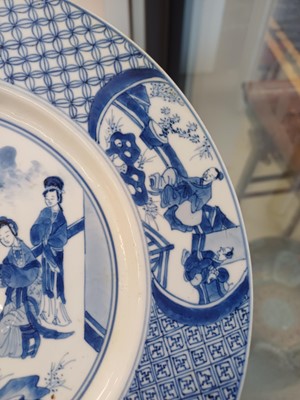 Lot 6 - A rare Chinese blue and white 'figural' dish, Qing dynasty, Kangxi period, 'BEVERE' mark