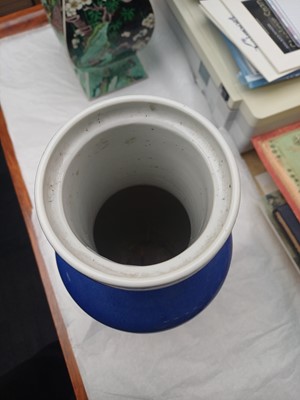 Lot 66 - A Chinese powder-blue iron-red 'carp' rouleau vase, Qing dynasty, Daoguang period