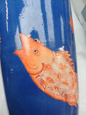 Lot 66 - A Chinese powder-blue iron-red 'carp' rouleau vase, Qing dynasty, Daoguang period