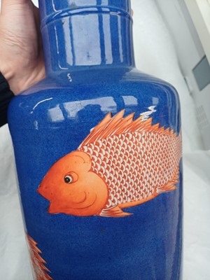 Lot 66 - A Chinese powder-blue iron-red 'carp' rouleau vase, Qing dynasty, Daoguang period