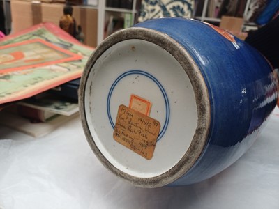 Lot 66 - A Chinese powder-blue iron-red 'carp' rouleau vase, Qing dynasty, Daoguang period