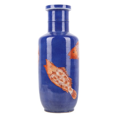 Lot 66 - A Chinese powder-blue iron-red 'carp' rouleau vase, Qing dynasty, Daoguang period