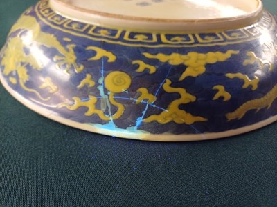 Lot 65 - A rare Chinese yellow-enamelled blue-ground 'dragon' dish, Qing dynasty, Daoguang period