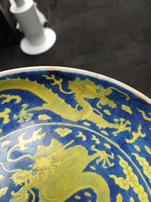 Lot 65 - A rare Chinese yellow-enamelled blue-ground 'dragon' dish, Qing dynasty, Daoguang period