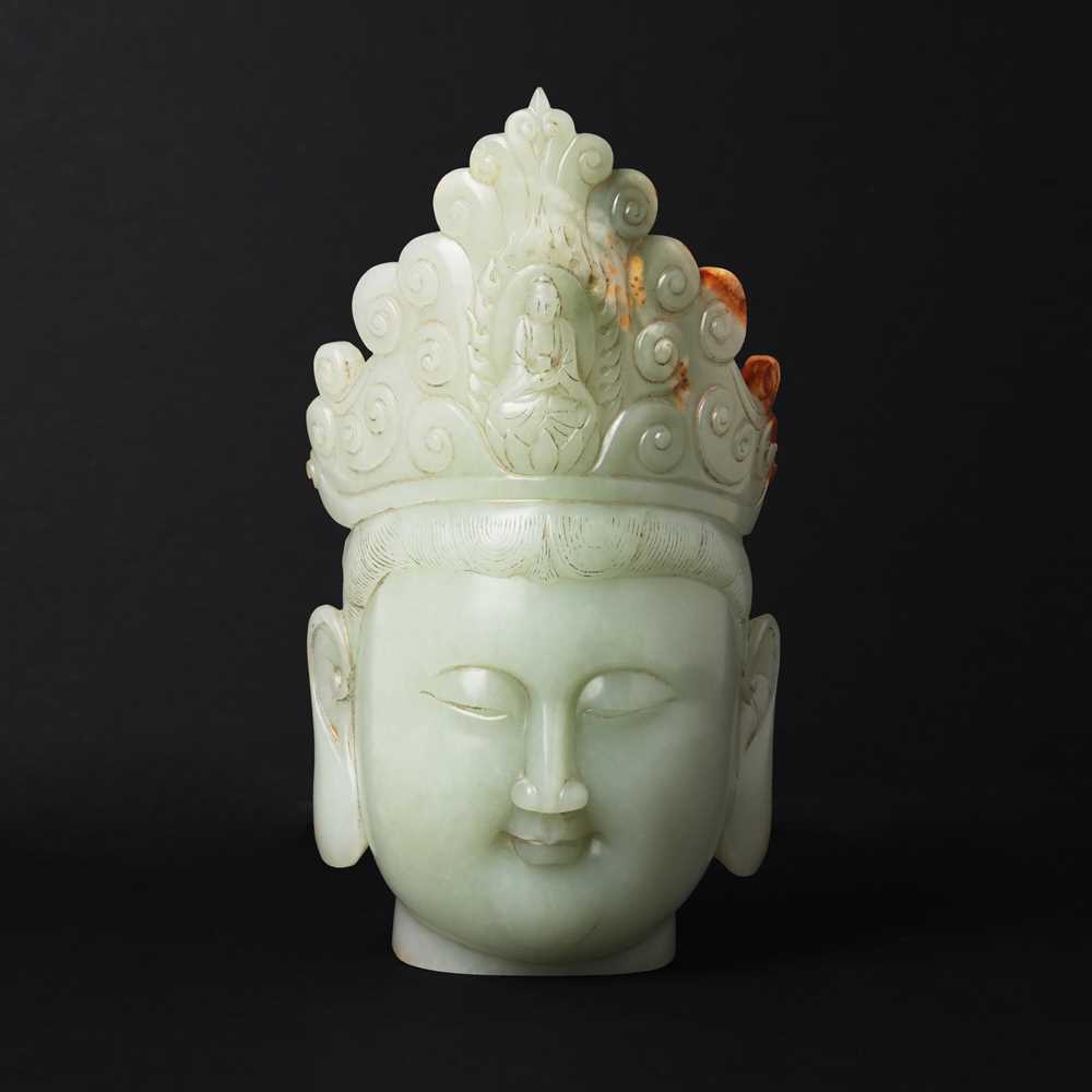 Lot 88 - A large Chinese celadon jade bust of Guanyin, Qing dynasty, 18th/19th century