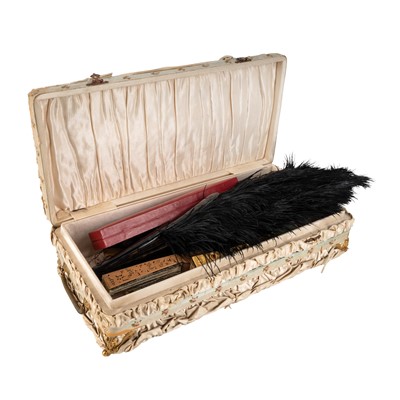 Lot 481 - A collection of folding fans housed in a Spanish silk casket