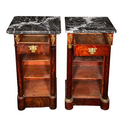 Lot 7 - Near matched pr of French Empire Style marble topped walnut bedside cabinets, Circa 1900